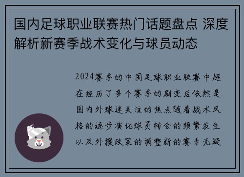 国内足球职业联赛热门话题盘点 深度解析新赛季战术变化与球员动态