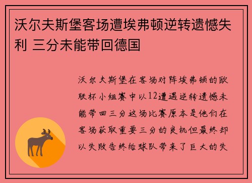 沃尔夫斯堡客场遭埃弗顿逆转遗憾失利 三分未能带回德国
