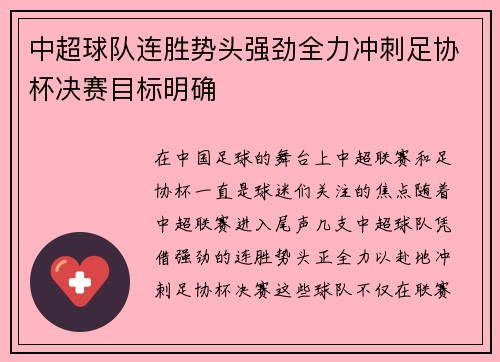 中超球队连胜势头强劲全力冲刺足协杯决赛目标明确