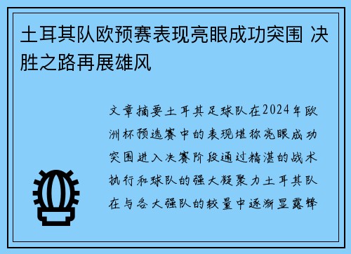 土耳其队欧预赛表现亮眼成功突围 决胜之路再展雄风