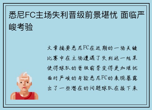 悉尼FC主场失利晋级前景堪忧 面临严峻考验