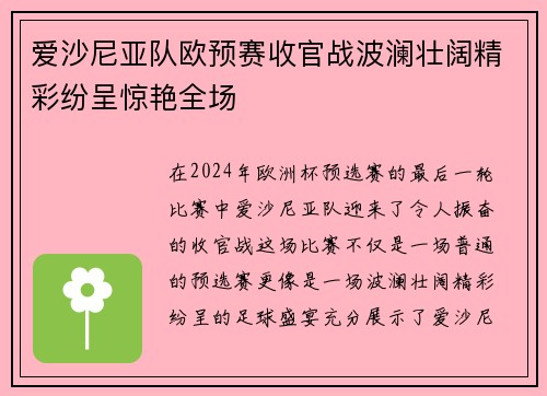 爱沙尼亚队欧预赛收官战波澜壮阔精彩纷呈惊艳全场